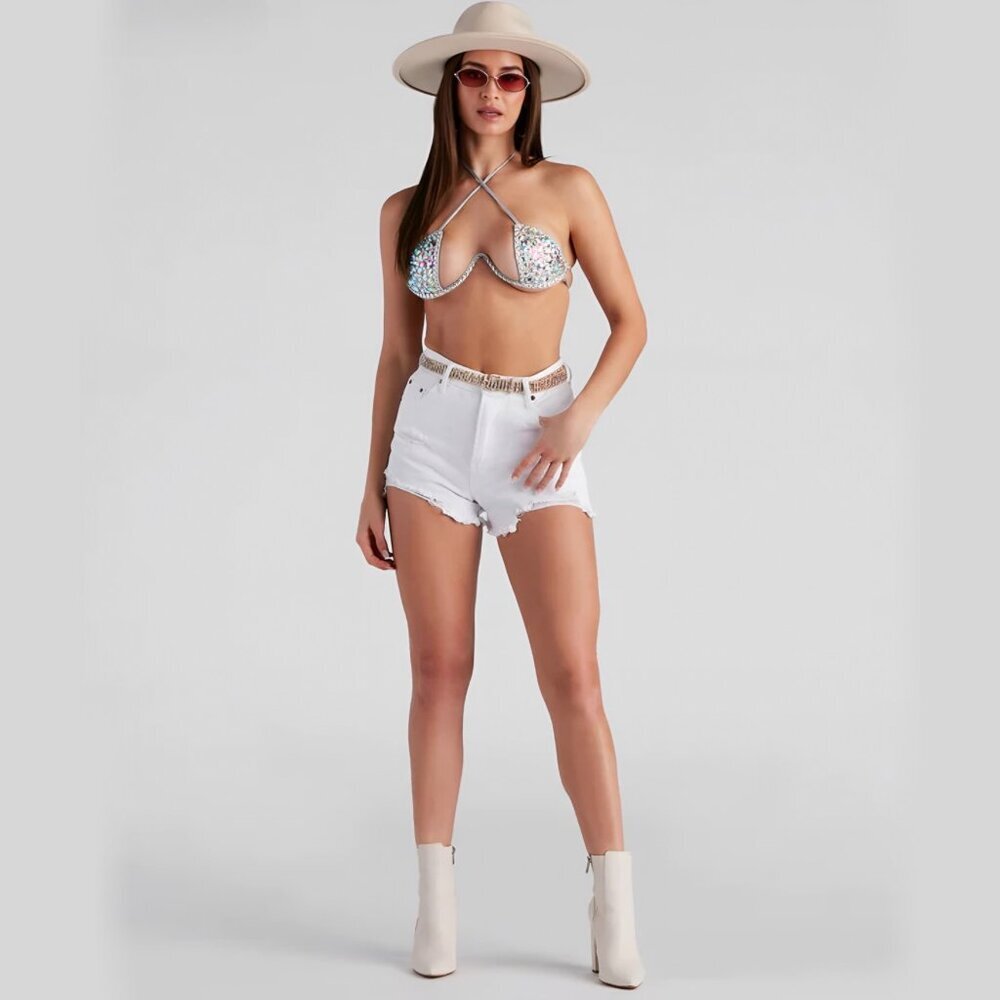 Windsor ✦ Major Glow Silver Embellished Halter Bra Top Gemstone Padded Tie‑Back - Picture 9 of 14